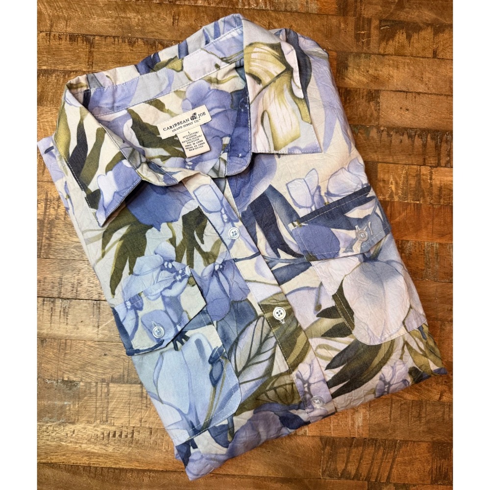 Caribbean Joe Womens Blue Tropical Floral Button Up Shirt Large Cotton Blend L